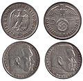 5-Reichsmark coins before (1936) and after adding the Nazi swastika (1938)