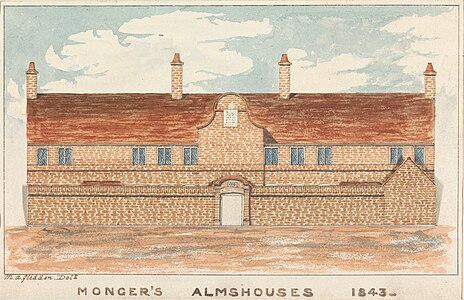 Monger's Almshouse, watercolor with pen and brown ink over traces of graphite, 1843