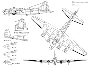 3-view projection of a B-17G, with inset detail showing the "Cheyenne tail" and some major differences with other B-17 variants.