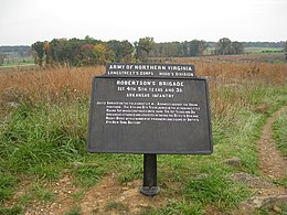 Photo shows the Robertson's Brigade marker at the Gettysburg National Military Park.