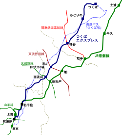 筑波快线与周边铁路、巴士线路的线路图
