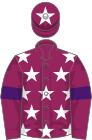 Pink, white stars, pink sleeves, purple armlets, pink cap, white star