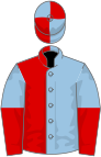 Light blue and red (halved), halved sleeves, light blue and red quartered cap