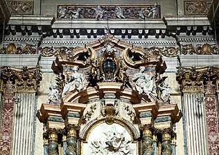 Baroque cartouche and pediments on the Altar of Saint Aloysius Gonzaga, Sant'Ignazio, Rome, by Pierre Le Gros the Younger, 1697-1699