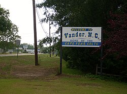 The welcome sign for Vander