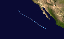 Map plotting the track and intensity of Tropical Depression Eleven-E according to the Saffir–Simpson scale