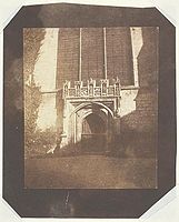 Ancient Door, Magdalen College, Oxford by Henry Fox Talbot, circa 1843, showing the western door to the chapel beneath the window depicting the Last Judgment.
