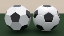 On the left is shape consisting of perfectly flat pentagons and hexagons. The hexagons are coloured white; the pentagons black. On the right is a football; it is of the same basic design, but the pentagons and hexagons are curved to form a smoother sphere.