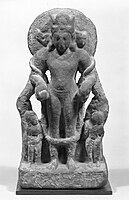 Four-faced four-armed Vishnu Vaikuntha Chaturmurti, still showing Vāsudeva Krishna as the central human figure, 4th–5th century, Mathura[67][66]