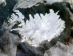 True colour satellite image of Iceland in winter