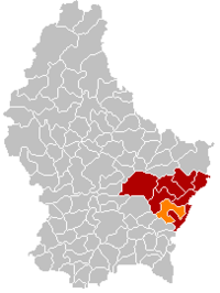 弗拉克斯韦勒在卢森堡地图上的位置，弗拉克斯韦勒为橙色，格雷文马赫县为深红色