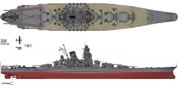 Japanese battleship Yamato in her final configuration on April 7, 1945.