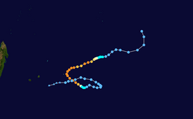 Map of a tropical cyclone's track as denoted by colored dots. The location of each dot indicates the storm's relative position at six-hour intervals, and its color denotes the storm's intensity at that location.