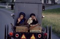 Amish children in the back of a buggy on the road