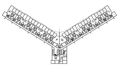 Typical floor plan. Stairs from the tenant corridor. Service stairs shown below.