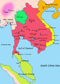 Image 13Map of South-east Asia c. 900 CE, showing the Khmer Empire in red, Champa in yellow and Haripunjaya in light green, plus additional surrounding states (from History of Cambodia)
