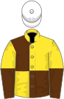YELLOW and BROWN QUARTERED, yellow sleeves, white cap