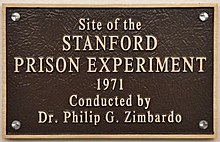 Plaque with the text: "Site of the Standford Prison Experiment, 1971, conducted by Dr. Philip G. Zimbardo"