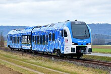 Unit 3501 of Stadler Rail AG, ordered by Metrolink for the Arrow service in San Bernadino, on a test run on the Etzwilen – Singen heritage railway in Ramsen, Switzerland. These tests ran from December 2022 to June 2023.