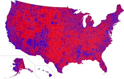 Shaded election results by county (red-purple-blue scale)