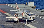 An A-4G landing on a Royal Australian Navy aircraft carrier in 1980