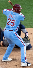 Darick Hall wearing the Phillies' powder blue alternate throwback uniform