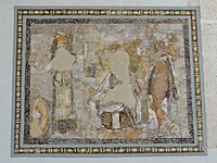 一幅出自提洛岛珠宝区的镶嵌画中心装饰之细节，描绘了荷米斯和雅典娜，公元前2世纪