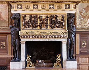Renaissance fireplace with atlantes in the ballroom of the Palace of Fontainebleau, France, unknown architect, unknown date