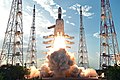 India's Geosynchronous Satellite Launch Vehicle Mark III (GSLV-III), a three-stage, medium-lift launch vehicle, lifts off at the Satish Dhawan Space Centre in Andhra Pradesh.