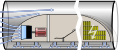 超回路列车运输舱示意图：前方为空气压缩机，乘客座位部分位于中段，后方装有蓄电池，底部则为空气轴承