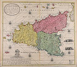 Sicily depicted on a map of c. 1720