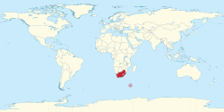 南非本土（红色）和隶属于南非的爱德华王子群岛（红色圆圈位置）
