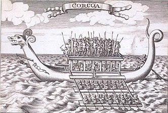 18th-century engraving of a karakoa from The Discovery and Conquest of the Molucco and Philippine Islands (1711) by Bartolomé Leonardo de Argensola, showing two pairs of daramba on each side[6]