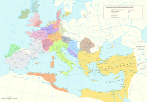 描繪歐洲西部約十幾個政體和東部拜占庭帝國的地圖