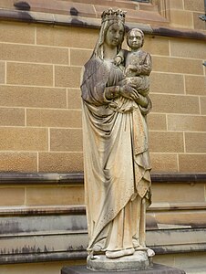 A statue by Fr John Dom Eugene Gourbeillon OSB of "Our Lady and the child Jesus", the only surviving statue from the first cathedral