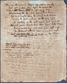 A white sheet of paper that is completely filled with a poem in cursive hand writing. A few of the words are scratched out with other words written above as corrections. Words can be partly seen from the other side of the page but they are illegible. A note midway down the page describes that it is an "Original manuscript of John Keats's Poem to Autumn."