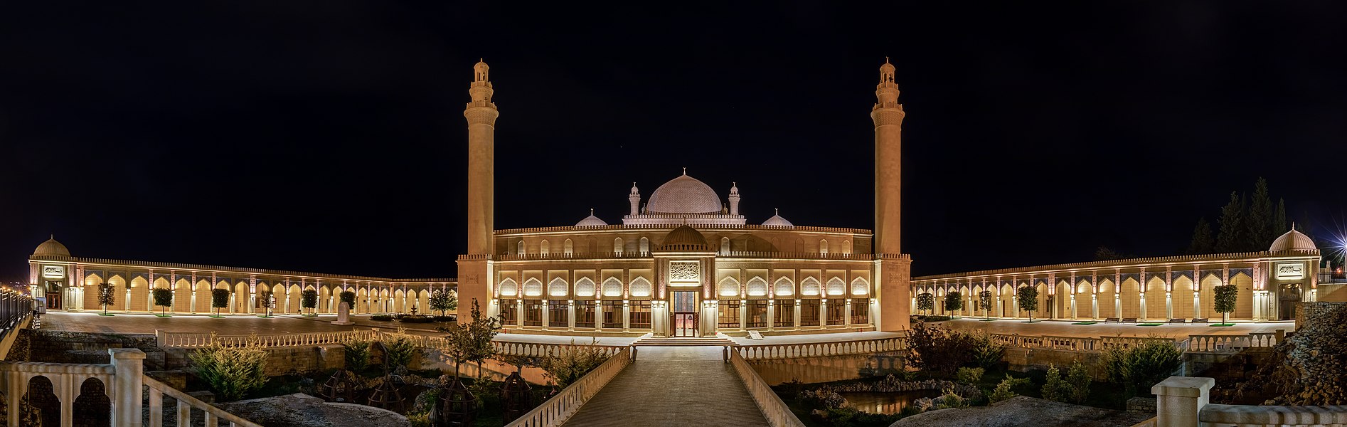 Azerbaijan: Panoramic night view of the Juma (Friday) Mosque, Shamakhi. This mosque was built in 743. The mosque has suffered damage from plundering, wars, and earthquakes. It was reconstructed in 2009.