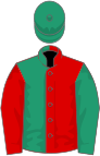 Red and emerald green halved, sleeves reversed, emerald green cap