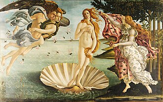 Venus rises from a shell, surrounded by other deities, in Botticelli's famous painting.