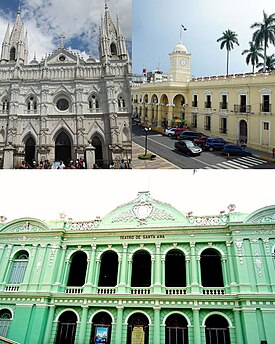 From top, left to right: Cathedral Nuestra Señora de Santa Ana, Municipal Palace, National Theater of Santa Ana
