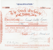 Stock certificate of the London Stock Exchange, issued on 31 March 1920, declared as a qualification share. The capital of the Exchange from its incorporation consisted of 20,000 shares held only by its members, with trustees and directors required to hold 10 qualification shares.