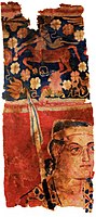 The Sampul tapestry, a woollen wall hanging from Lop County, Hotan Prefecture, Xinjiang, China, showing a possibly Greek soldier from the Greco-Bactrian kingdom (250–125 BC), with blue eyes, wielding a spear, and wearing what appears to be a diadem headband; depicted above him is a centaur, from Greek mythology, a common motif in Hellenistic art;[112] Xinjiang Region Museum.