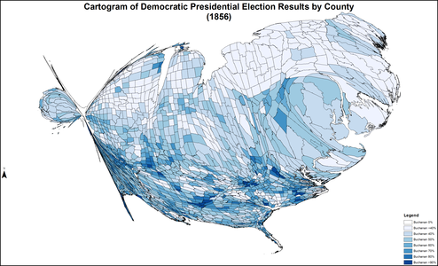 Cartogram of Democratic presidential election results by county