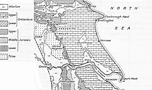 A black and white line drawing of the geological zones of the East Riding of Yorkshire