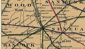 1882 railroad map area around Fostoria, Ohio with many lines through Fostoria