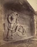 The sculpture, from the early 5th century CE, shows Vishnu as Varaha, his boar incarnation, rescuing Bhudevi (or the goddess Earth). In the side of the panel are shown the river goddesses, Ganga riding the Makara crocodile or monster and Yamuna riding a turtle. Photograph taken in 1875.