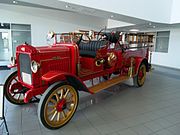 This 1917 Nash Fire Truck was the first motorized fire truck of the Glendale Fire Department. It is Model #3017, Truck #98745. Its maximum speed is 16 mph and has a normal freight load capacity of 4000 lbs. The normal weight allowance is 1500 lbs. and the normal weight of the chassis is 3850 lbs. The truck was manufactured by the “Nash Motors Company” and is on exhibit at the Glendale Training Center located at 11330 W. Glendale Ave.