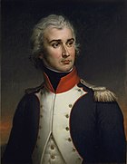 Painting shows a hatless, clean-shaven man in a dark blue military uniform with white lapels and a red collar.