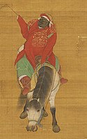 Male attendant wearing a red Mongol robe decorated with yuanjian motif; Yuan dynasty.