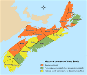 Map showing locations of Nova Scotia's historical counties